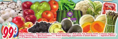 Hass Avocados ea., Blackberries 6 oz., Tuscan Cantaloupes ea., Pink Lady, Fuji, Granny Smith,