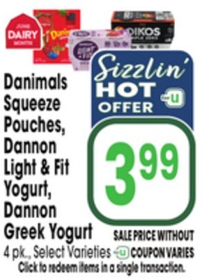 Danimals Squeeze Pouches, Dannon Light & Fit Yogurt, Dannon Greek Yogurt