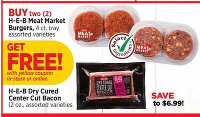 H-E-B Meat Market Burgers, 4 ct. tray-assorted varieties, H-E-B Dry Cured Center Cut Bacon 12 oz.