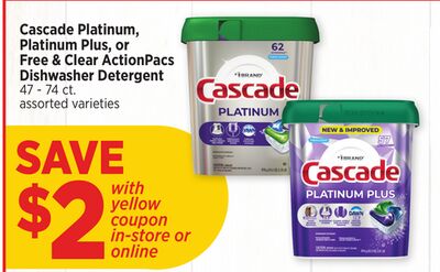 Cascade Platinum, Platinum Plus, or Free & Clear ActionPacs Dishwasher Detergent