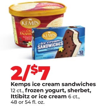 Kemps ice cream sandwiches 12 ct., frozen yogurt, sherbet, Ittibitz or ice cream 6 ct., 48 or 54 fl. oz.