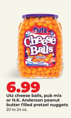 Utz cheese balls, pub mix or H.K. Anderson peanut butter filled pretzel nuggets