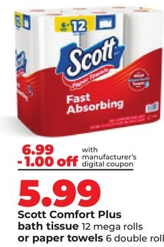 Scott Comfort Plus bath tissue 12 mega rolls or paper towels 6 double rolls