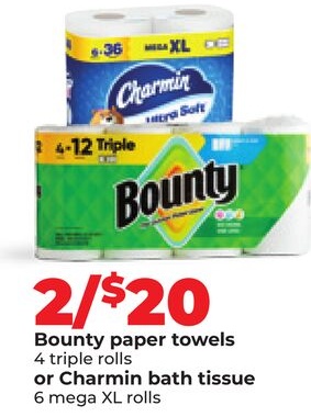 Bounty paper towels 4 triple rolls or Charmin bath tissue 6 mega XL rolls
