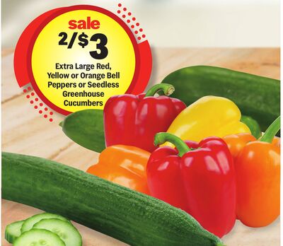 Extra Large Red, Yellow or Orange Bell Peppers or Seedless Greenhouse Cucumbers