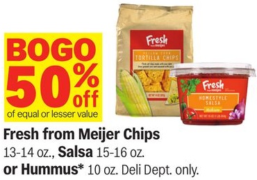 Fresh from Meijer Chips 13-14 oz., Salsa 15-16 oz. or Hummus* 10 oz