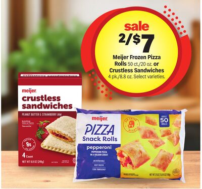 Meijer Frozen Pizza Rolls 50 ct./20 oz. or Crustless Sandwiches 4 pk./8.8 oz.