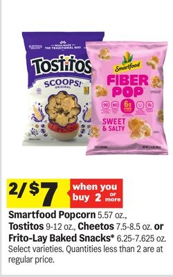 Smartfood Popcorn 5.57 oz., Tostitos 9-12 oz., Cheetos 7.5-8.5 oz. or Frito-Lay Baked Snacks* 6.25-7.625 oz.