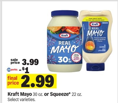Kraft Mayo 30 oz. or Squeeze* 22 oz.