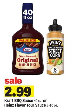 Kraft BBQ Sauce 40 oz. or Heinz Flavor Tour Sauce 8-10 oz.