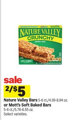 Nature Valley Bars 5-6 ct./4.59-8.94 oz. or Mott's Soft Baked Bars 5-6 ct./5.76-6.55 oz.