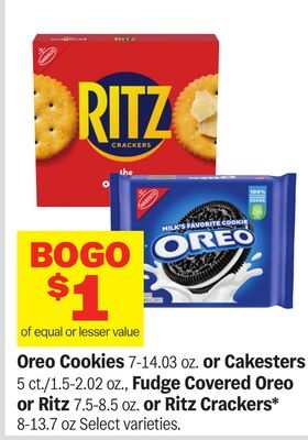 Oreo Cookies 7-14.03 oz. or Cakesters 5 ct./1.5-2.02 oz., Fudge Covered Oreo or Ritz 7.5-8.5 oz. or Ritz Crackers* 8-13.7 oz