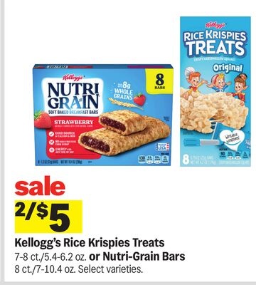 Kellogg's Rice Krispies Treats 7-8 ct./5.4-6.2 oz. or Nutri-Grain Bars 8 ct./7-10.4 oz.