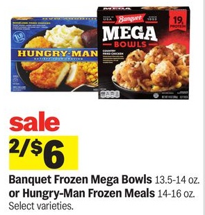 Banquet Frozen Mega Bowls 13.5-14 oz. or Hungry-Man Frozen Meals 14-16 oz.