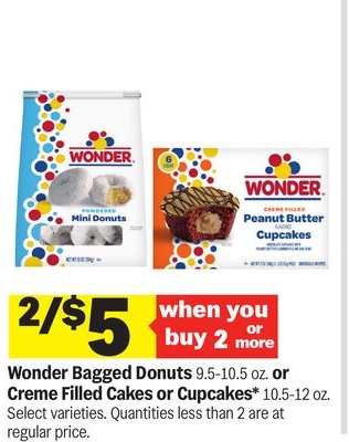 Wonder Bagged Donuts or Creme Filled Cakes or Cupcakes