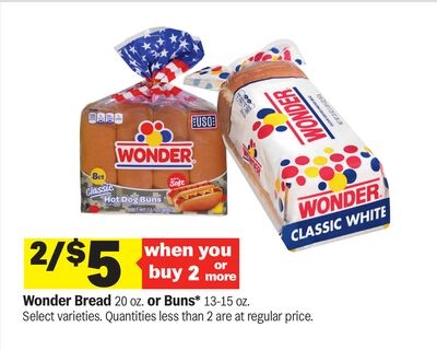 Wonder Bread 20 oz. or Buns* 13-15 oz.