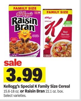 Kellogg's Special K Family Size Cereal 15.6-18 oz. or Raisin Bran 22.1 oz. box.