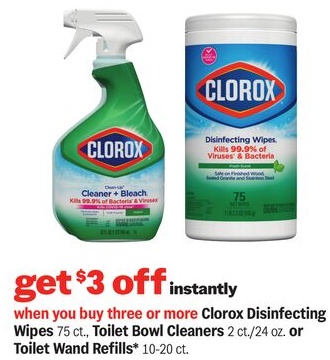 Clorox Disinfecting Wipes 75 ct., Toilet Bowl Cleaners 2 ct./24 oz. or Toilet Wand Refills* 10-20 ct.