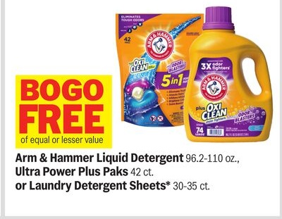 Arm & Hammer Liquid Detergent 96.2-110 oz., Ultra Power Plus Paks 42 ct. or Laundry Detergent Sheets* 30-35 ct.