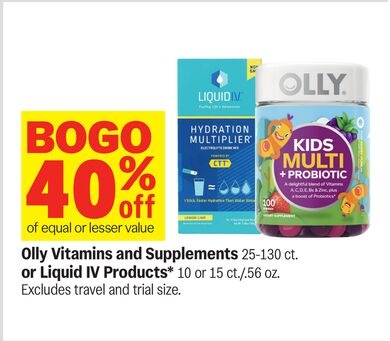 Olly Vitamins and Supplements 25-130 ct. or Liquid IV Products* 10 or 15 ct./.56 oz.