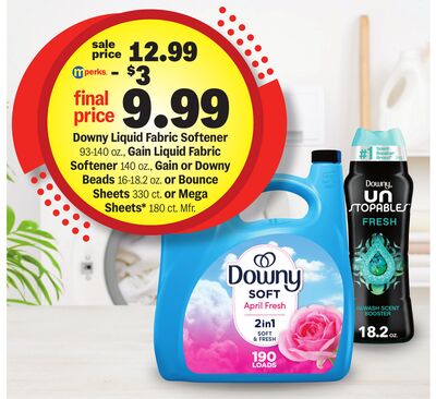 Downy Liquid Fabric Softener 93-140 oz., Gain Liquid Fabric Softener 140 oz., Gain or Downy Beads 16-18.2 oz. or Bounce Sheets 330 ct. or Mega Sheets* 180 ct.