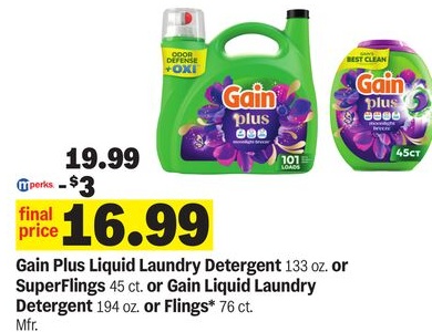 Gain Plus Liquid Laundry Detergent 133 oz. or SuperFlings 45 ct. or Gain Liquid Laundry Detergent 194 oz. or Flings* 76 ct.