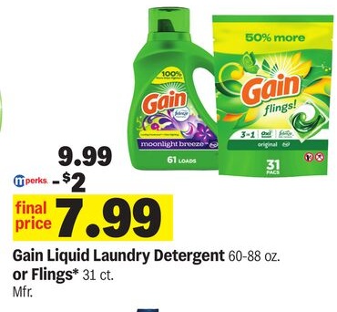 Gain Liquid Laundry Detergent 60-88 oz. or Flings* 31 ct.