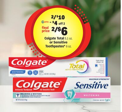 Colgate Total 5.1 OZ or Sensitive Toothpastes* 6 oz.