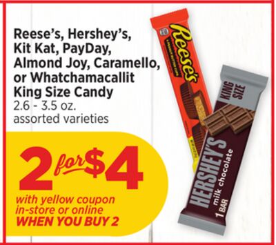 Reese's, Hershey's, Kit Kat, PayDay, Almond Joy, Caramello, or Whatchamacallit King Size Candy