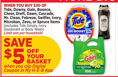 Tide, Downy, Gain, Bounce, Cheer, Drift, Dawn, Cascade, Mr. Clean, Febreze, Swiffer, Ivory, Microban, Zevo, or Spruce Items