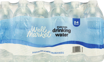 Well Market or Gold Emblem purified water 24 pk., 16.9 oz bottles.