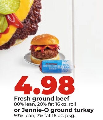 Fresh ground beef 80% lean, 20% fat 16 oz. roll or Jennie-O ground turkey 93% lean, 7% fat 16 oz. pkg.