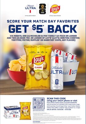 ONE (1) MICHELOB ULTRA® FAMILY 12-PACK OR LARGER AND TWO (2) BAGS 7OZ. OR LARGER OF LAY'S®