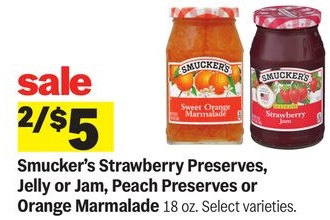 Smucker's Strawberry Preserves, Jelly or Jam, Peach Preserves or Orange Marmalade