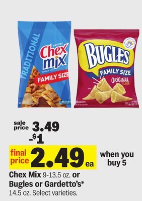 Chex Mix 9-13.5 oz. or Bugles or Gardeetto's*