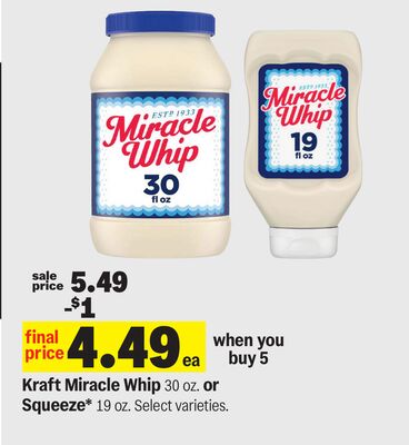 Kraft Miracle Whip 30 oz. or Squeeze* 19 oz.