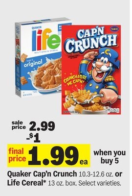 Quaker Cap'n Crunch 10.3-12.6 oz. or Life Cereal* 13 oz. box.