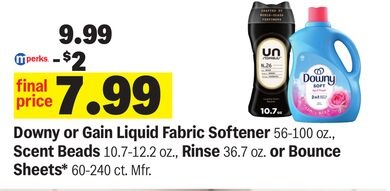 Downy or Gain Liquid Fabric Softener 56-100 oz., Scent Beads 10.7-12.2 oz., Rinse 36.7 oz. or Bounce Sheets* 60-240 ct.