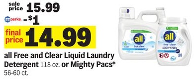 all Free and Clear Liquid Laundry Detergent 118 oz. or Mighty Pacs* 56-60 ct.