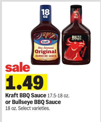 Kraft BBQ Sauce 17.5-18 oz. or Bullseye BBQ Sauce 18 oz.