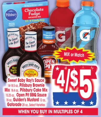 Sweet Baby Ray's Sauce, 14-18.5 oz., Pillsbury Brownie Mix, 14 oz., Pillsbury Cake Mix, 15.25 oz., Open Pit BBQ Sauce, 18 oz., Gulden's Mustard, 12 oz., Gatorade 28 oz.