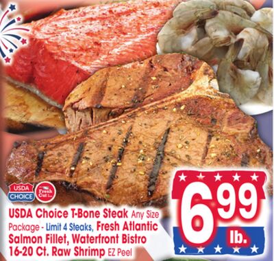 USDA Choice T-Bone Steak, Any Size Package, Steaks, Fresh Atlantic Salmon Fillet, Waterfront Bistro 16-20 Ct. Raw Shrimp