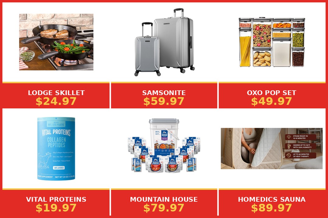 25 Costco items quietly heading to clearance or being phased out in June 2026 — Lodge cast iron skillet, Samsonite suitcase, OXO Pop storage set, Vital Proteins collagen, Mountain House bucket, Homedics sauna