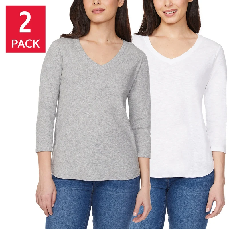 Kirkland Signature Women's 3/4 Sleeve V- Neck Slub Tee, 2-pack