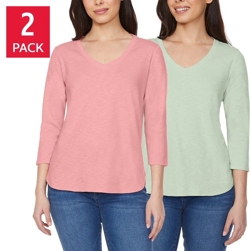 Kirkland Signature Women's 3/4 Sleeve V- Neck Slub Tee, 2-pack