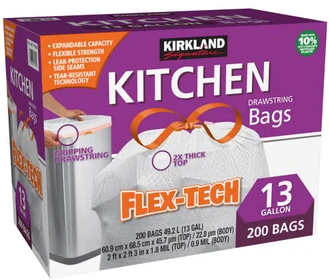 Kirkland Signature Flex-Tech 13-Gallon Kitchen Trash Bag, 200-count