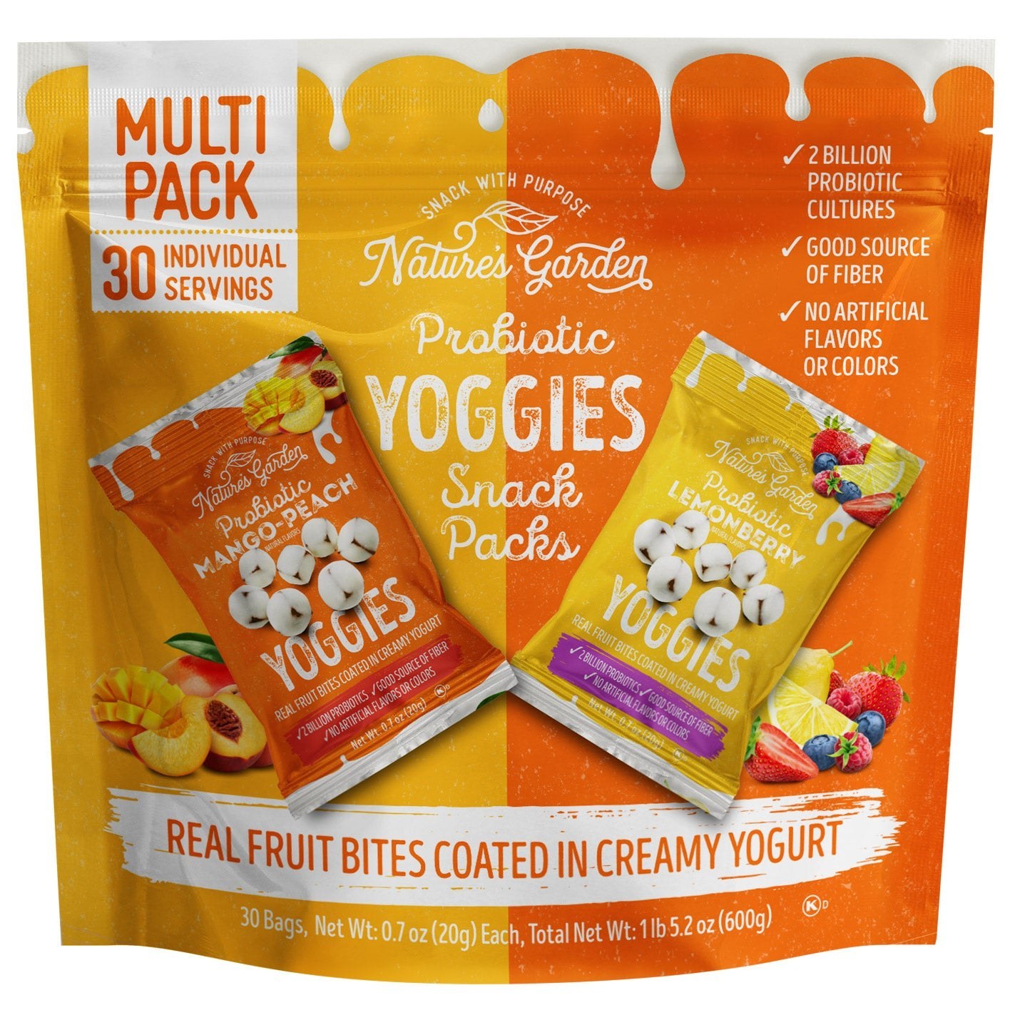 Nature's Garden Probiotic Yoggies Variety Pack - 30 snack bags, Mango-Peach and Lemonberry, $14.99