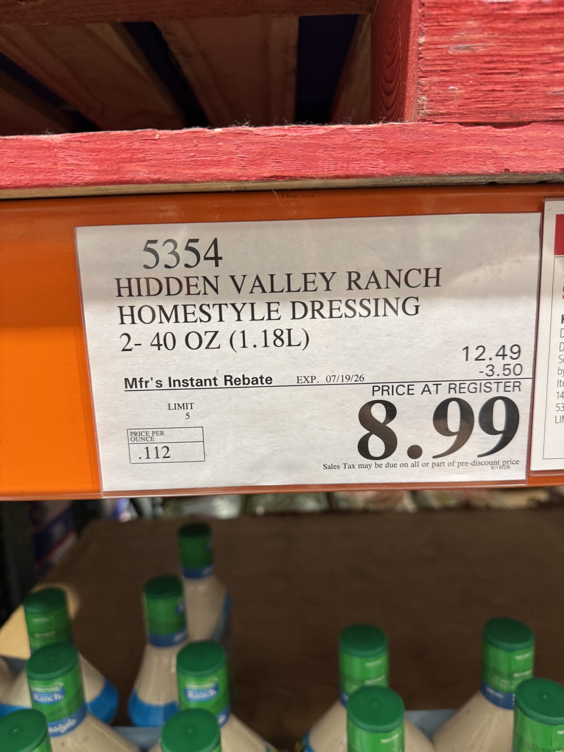 Hidden Valley Homestyle Ranch Dressing - price tag