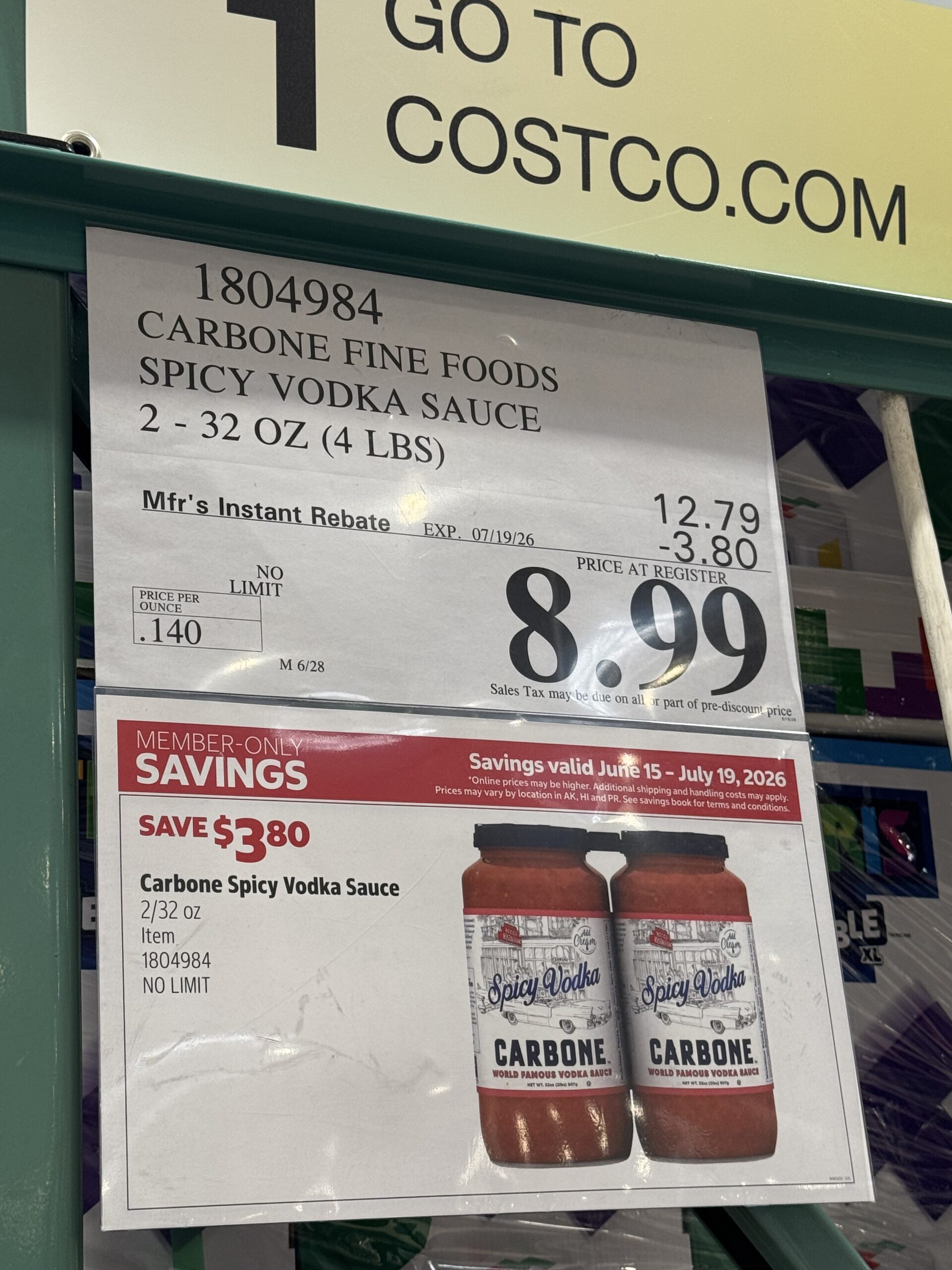 Carbone Spicy Vodka Sauce - price tag
