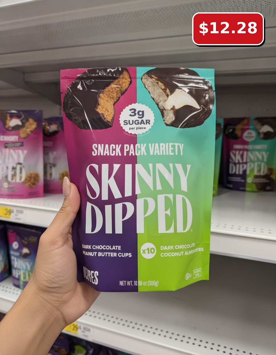 SKINNY DIPPED SNACK PACK VARIETY DARK CHOCOLATE PEANUT BUTTER CUPS DARK CHOCOLATE COCONUT ALMOND BITES